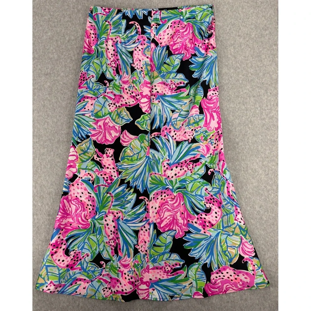 Lilly Pulitzer Black Tropical Leopard Print Elastic Waist Midi Skirt Sz 6 - Picture 7 of 7